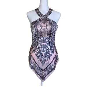 Cache Sz S Silk Halter Top Floral Stud Embellished Keyhole Back Handkerchief Hem